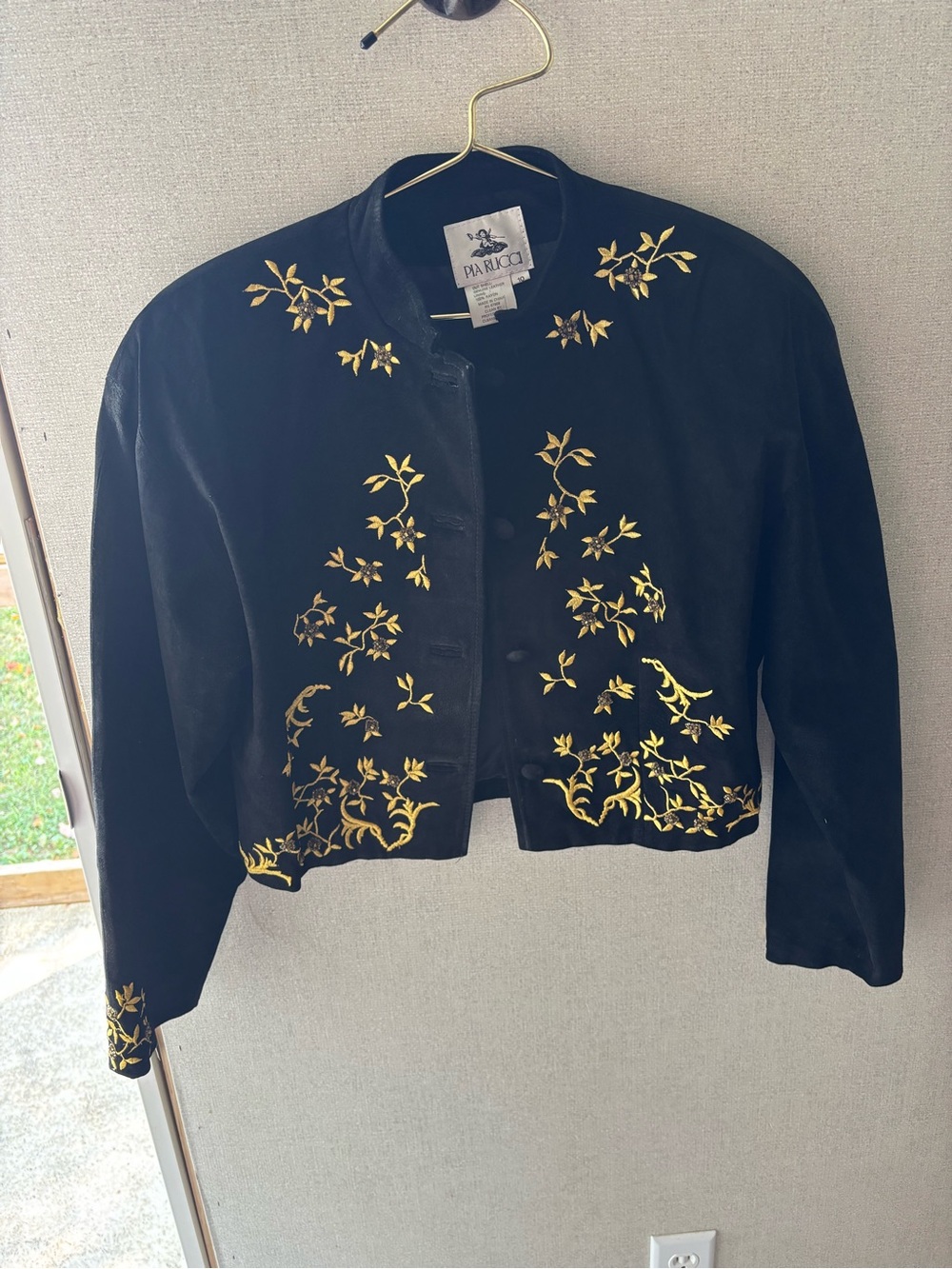 Vintage Pia Rucci Black Leather Cropped Jacket Gold Beaded Embroidered 10